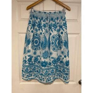 VTG 80s‎ Nina Leslie Cotton Skirt Blue White Floral Paisley Boho Summer Flowy OS
